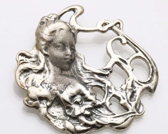 Vintage Art Nouveau Pendant Sterling Silver Lady Flower Fairy Vines 1970&#39;s