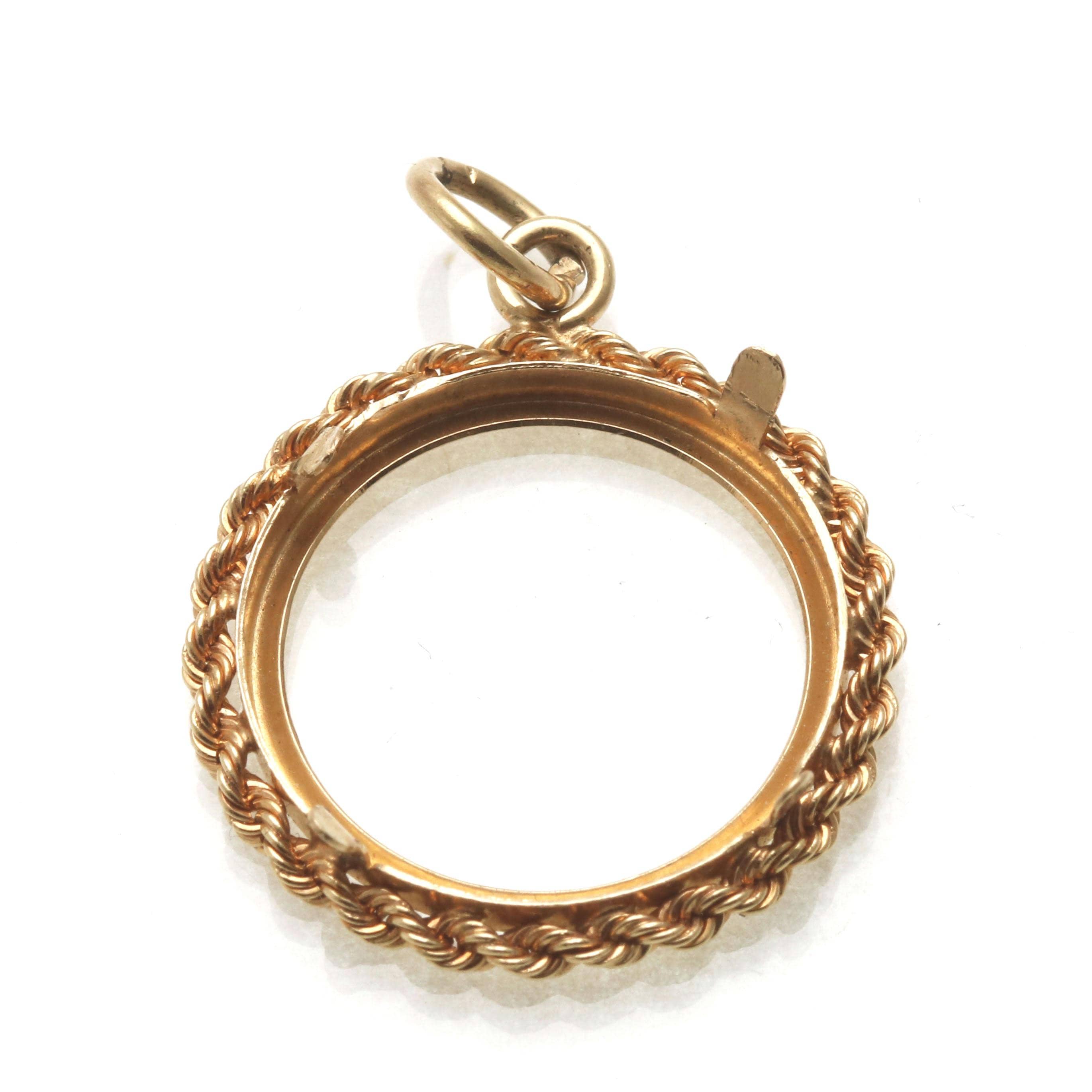 Vintage 14k yellow gold bezel rope chain Coin holder pendant 16.5mm