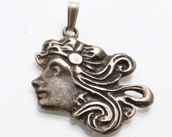 Vintage Art Nouveau 925 Silver Fairy Lady Pendant charm Oxidized 1970's