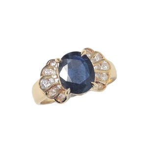 Vintage 10k Blue Sapphire Diamond Cocktail Ring Yellow Gold Estate 1.70 carat