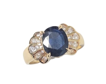 Vintage 10k Blue Sapphire Diamond Cocktail Ring Yellow Gold Estate 1.70 carat