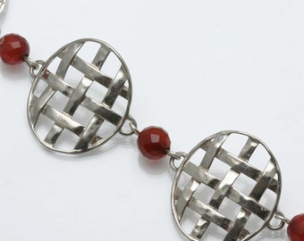 Vintage 925 Sterling Silver Circle Link Red Carnelian Bracelet Weave Made in Israel Estate