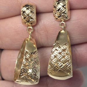 Vintage 13k Large Woven Drop Hoop Dangle Earrings Yellow gold Estate