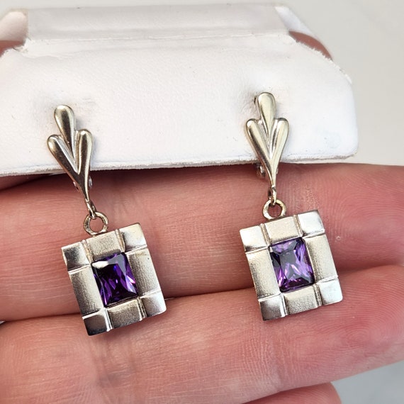 Estate 14k white gold Purple AMETHYST dangle Earr… - image 3