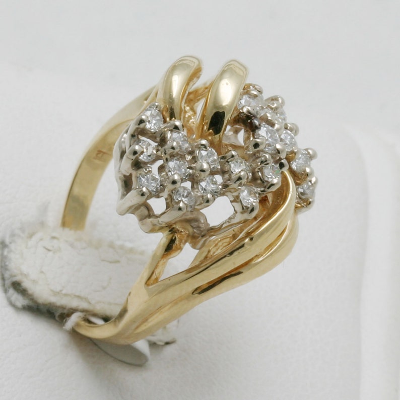 Vintage 14k yellow white gold Diamond Cocktail Cluster Ring 1 carat Large round Estate image 4