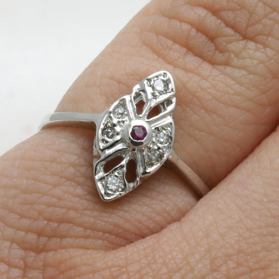 Vintage 14k white gold red Ruby Diamond Ring Vict… - image 3