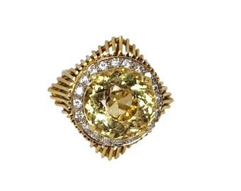 Vintage 18k gele cocktailring met citrien en diamant 7,5 karaat