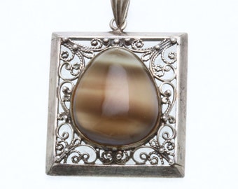 Vintage 925 Sterling Silver Grey Moonstone Filigree Square Pendant pear Estate