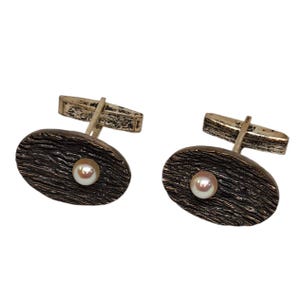 Vintage 925 Sterling Silver Modernist Pearl Oval Cufflinks Men 1970s