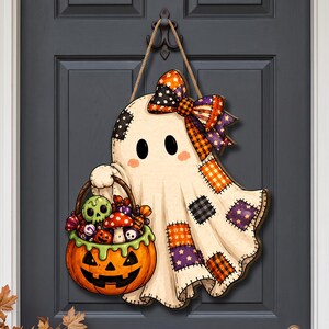 Halloween-spökdörrhängare, söt träskylt i lapptäcke, dekoration av pumpa-godiskorg, läskig present till verandan för barn och familj