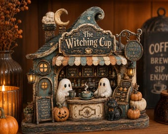 May include: A decorative tabletop figurine of a coffee shop named The Witching Cup. The structure features two ghost figures, a black cat, and pumpkins. The sign reads The Witching Cup, Coffee Spells & Treats, and Good Coffee Warm Spells Kind Hearts.