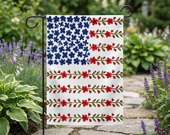 Patriotic Garden Flag, Floral American Flag Yard Decor, Vintage 4th Of July Porch Banner, Independence Day Gift For Family Summer Home