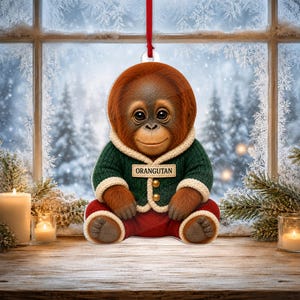 Könnte beinhalten: Ein flacher Hängeschmuck mit einer detaillierten Illustration eines Orang-Utan-Babys mit rotbraunem Fell. Der Orang-Utan trägt eine dunkelgrüne Strickjacke mit cremefarbenem Saum und eine rote Hose. Ein Schild auf der Brust trägt die Aufschrift ORANGUTAN.