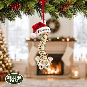 May include: A hanging ornament featuring a human spine and pelvis model wrapped in a string of multicoloured Christmas lights. The top of the spine is topped with a red and white Santa hat with the name Cameron printed in black script on the brim.