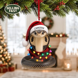 Peut inclure: Une décoration de Noël suspendue représentant un cobra portant un bonnet de Père Noël rouge et blanc avec le nom CAMERON imprimé sur le bord. Le serpent est enroulé dans une écharpe rouge tricotée et une guirlande de lumières colorées.