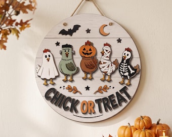 Halloween Wooden Door Sign, Two Layer Funny Chicken Wall Decor, Chick Or Treat Porch Hanging, Cute Spooky Gift For Kids Friends And Family