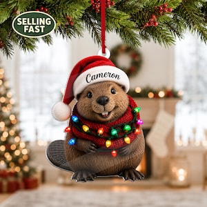 May include: A flat, acrylic Christmas ornament shaped like a brown beaver wearing a red Santa hat with the name Cameron printed on the white brim. The beaver is wrapped in a red knitted scarf adorned with colorful, glowing Christmas lights.
