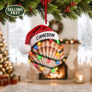 Puede incluir: Un adorno navideño con forma de concha marina que lleva un gorro de Papá Noel rojo con el nombre CAMERON impreso en el borde blanco. La concha está envuelta en una cadena de luces LED multicolores rojas, verdes, azules y amarillas.
