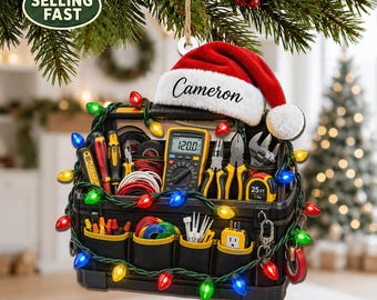 Personalized Electrician Christmas Ornament, Custom Name Wood Ornament, Tool Bag Holiday Decor, Electrician Gift, Tradesman Keepsake