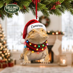 Puede incluir: Un adorno navideño colgante que muestra un dragón barbudo con un gorro de Papá Noel rojo y blanco con el nombre Cameron impreso en el borde. El lagarto está envuelto en una bufanda roja tejida adornada con luces navideñas de colores.