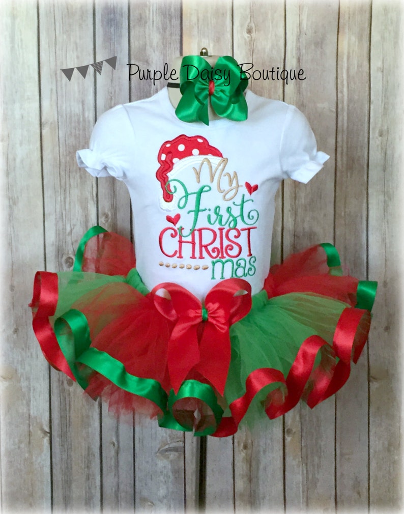 My First Christmas Ribbon Trim Tutu Outfit - Baby's First Christmas Shirt with Coordinating Ribbon Tutu - Christmas Outfit 