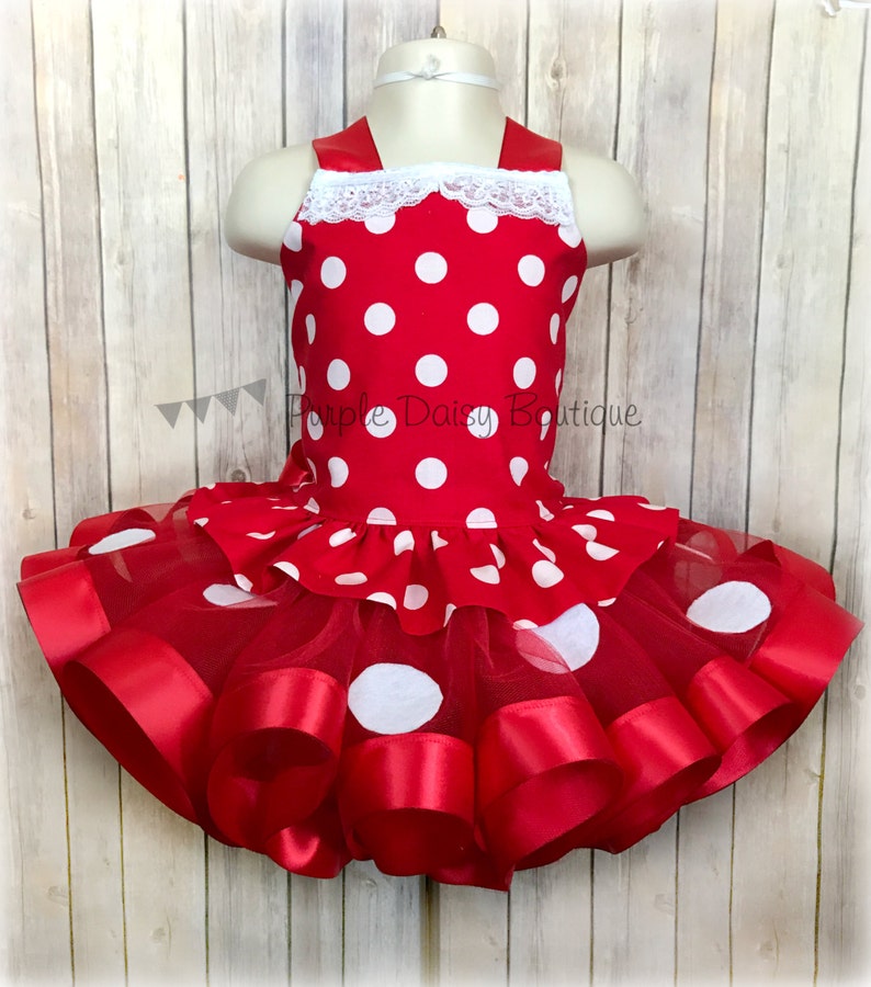 Red and White Polka Dot Tutu Outfit Ribbon Trim Tutu Outfit Girls Birthday Outfit Ruffled Corset Top with Matching Ribbon Trim Tutu