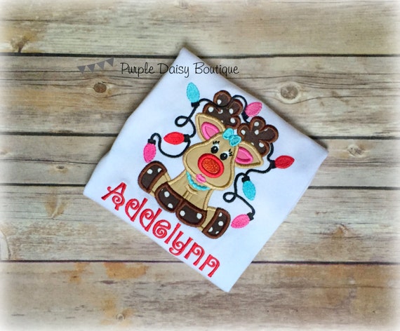 Reindeer with Lights Tangled in Antlers Personalized Shirt - Christmas Shirt - Girly Reindeer - Christmas Lights - Holiday Shirt Il_570xn