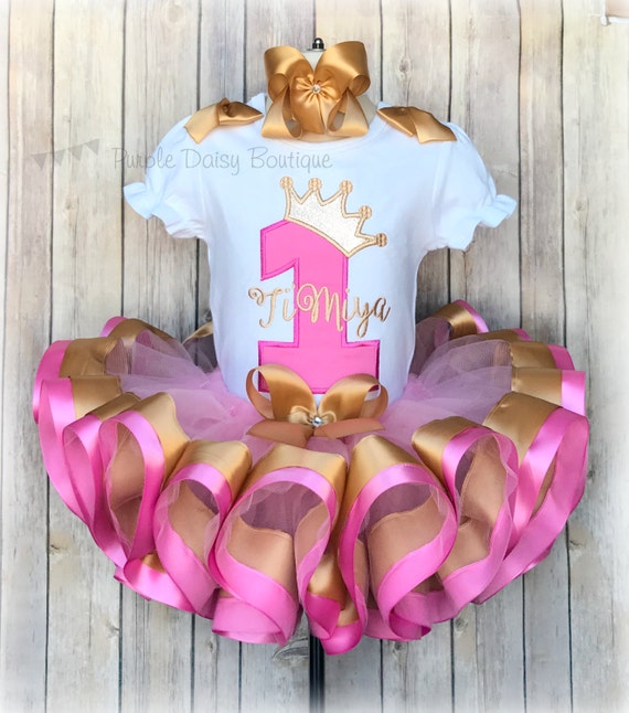 Princess Crown First Birthday Ribbon Trimmed Tutu Outfit - First Birthday Tutu Set - Pink and Gold Birthday Outfit - Second Birthday Il_570xn