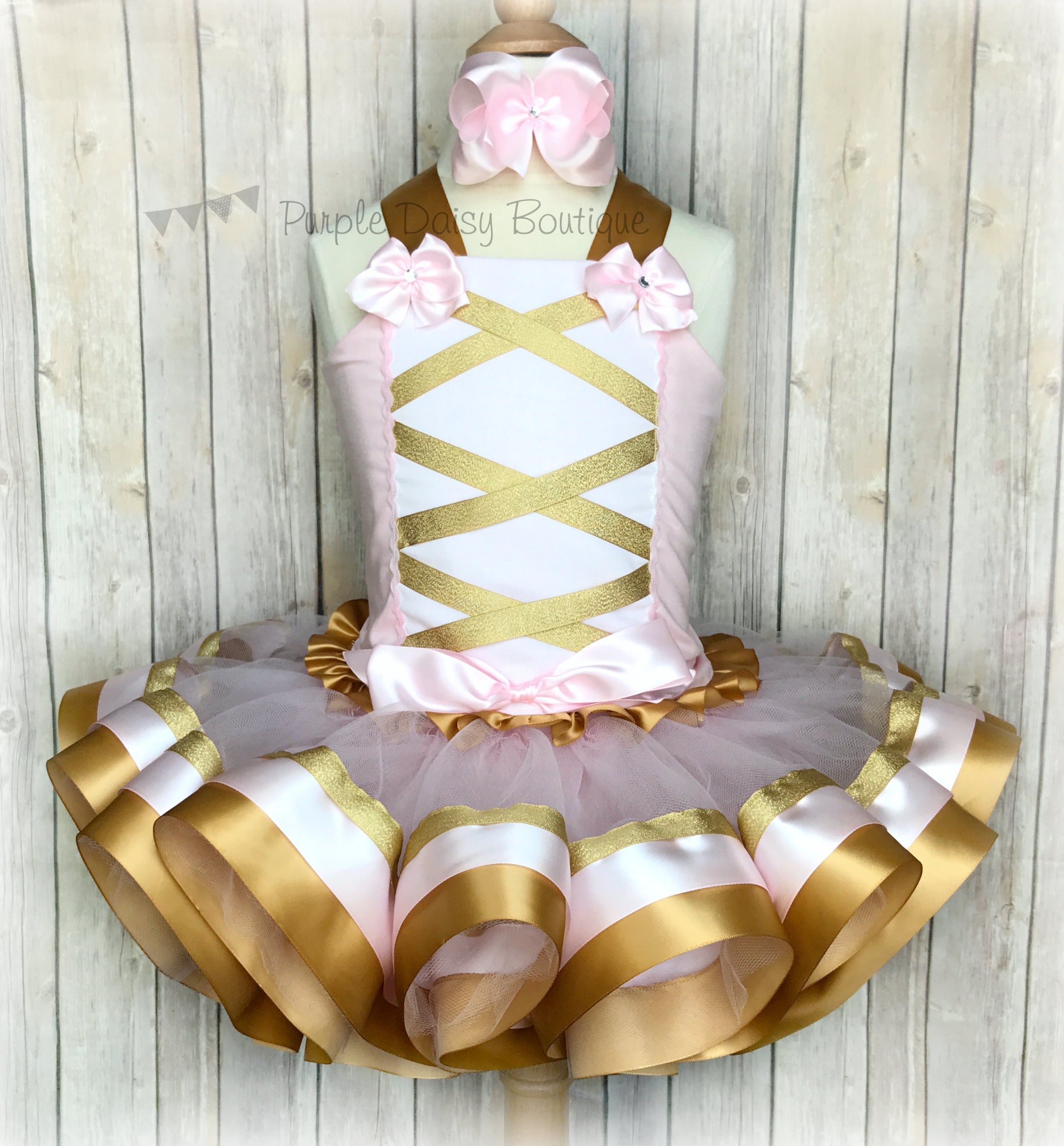 Pink and Gold Birthday Ribbon Trimmed Tutu Outfit With Ruffled