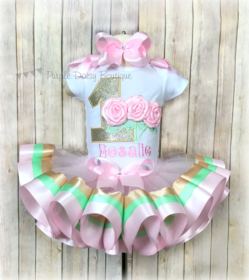 and Mint Green Vintage Roses Garden Party Tea Party Theme Birthday Ribbon Trim Tutu Outfit in Gold Light Pink
