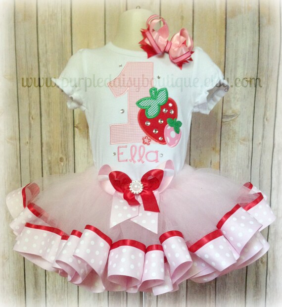 Strawberry Patch Double Ribbon Trim Tutu Outfit - Personalized and Embellished with Rhinestones Il_570xn
