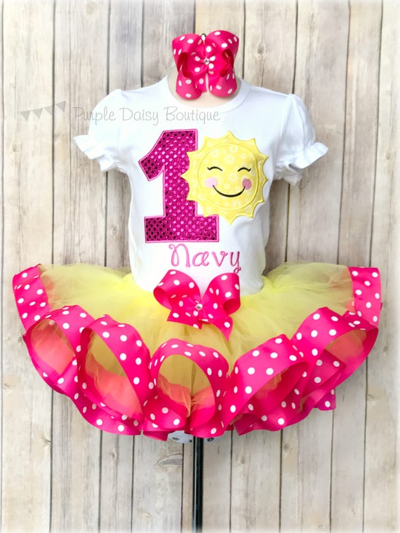 Sunshine Sun Smiling First Birthday Yellow and Pink Polka Dot Ribbon Trim Tutu Outfit - Happy Sun First Birthday Ribbon Trimmed Tutu Dress Il_570xn
