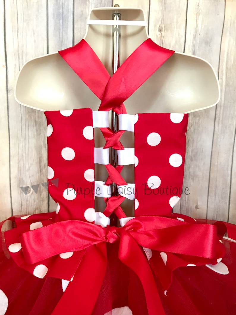 Red and White Polka Dot Tutu Outfit Ribbon Trim Tutu Outfit Girls Birthday Outfit Ruffled Corset Top with Matching Ribbon Trim Tutu