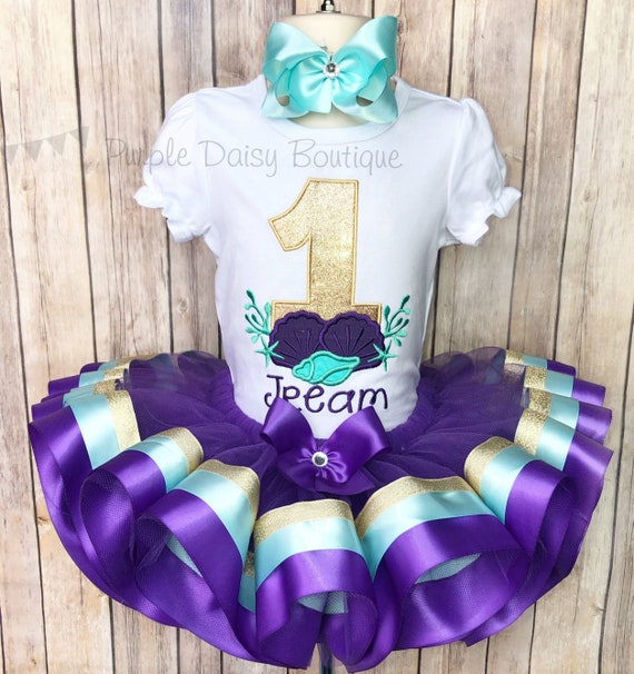 Seashells First Birthday Ribbon Trimmed Tutu Set - Under the Sea Birthday Party Outfit - Purple, Aqua, Gold - First Birthday Dress Il_570xn
