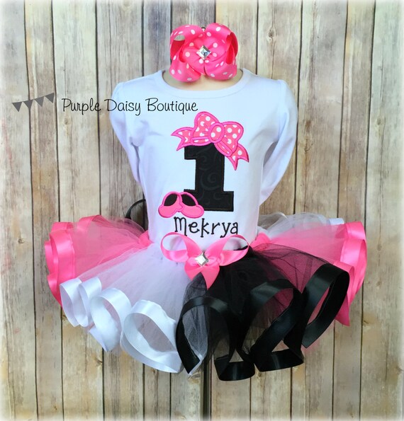 Birthday Ribbon Tutu Outfit - Birthday Number with Bow and High Heels - Hot Pink, Black, and White - First Birthday Outfit - Bow Birthday Il_570xn