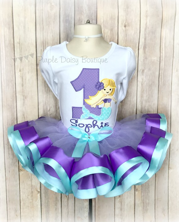 Mermaid Birthday Ribbon Trimmed Tutu Outfit - Mermaid First Birthday Tutu Outfit - Purple and Aqua Mermaid Birthday Outfit - Second Birthday Il_570xn