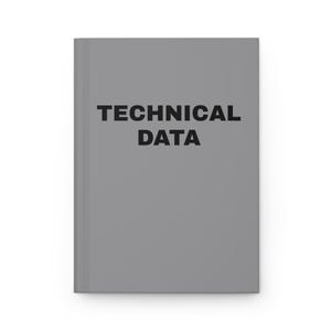 以下が含まれることがあります： 「TECHNICAL DATA」の文字が太字の黒で印刷された灰色のノート。 ノートは長方形で、閉じているように見えます。 表紙は無地のマットグレーです。