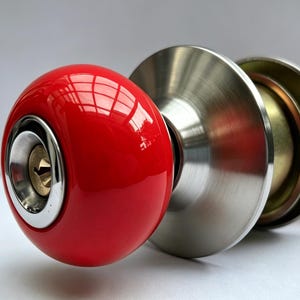 Handcrafted Red Porcelain Spherical Door Knob Lockset, Brushed Stainless Steel Keys