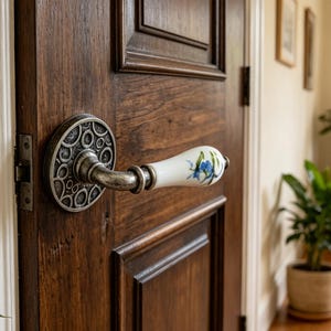 Hand-Painted Floral Ceramic Door Knob, Aged Brass Finish Zinc Alloy Privacy Lockset with Pull-Rod