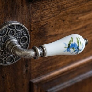 May include: Close-up of a vintage door handle. The handle features a white ceramic grip adorned with blue floral designs. The metal components have an antique silver finish, set against a dark wooden door.