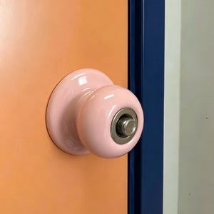 Pastel Pink Porcelain Privacy Door Knob, Handcrafted Ceramic Spherical Coin-Turn Emergency Release Lockset