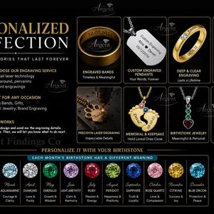 Op de afbeelding: Een promotionele afbeelding voor Argent Findings Co met gepersonaliseerde sieradenopties, waaronder gegraveerde ringen, hangers en geboortesteenringen. De weergave toont lasergraveerprocessen en een overzicht van twaalf maandelijkse geboortestenen.