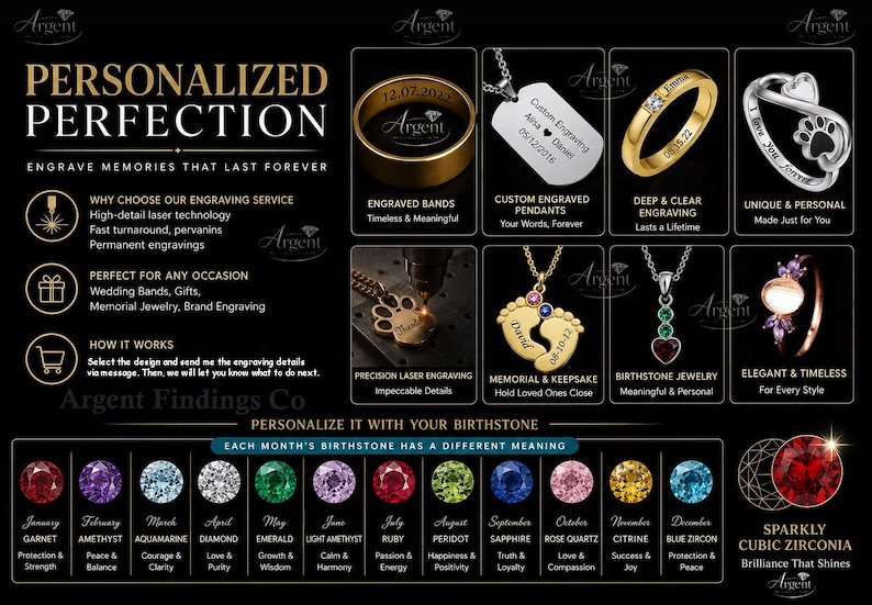 Op de afbeelding: Een promotionele afbeelding voor Argent Findings Co met gepersonaliseerde sieradenopties, waaronder gegraveerde ringen, hangers en geboortesteenringen. De weergave toont lasergraveerprocessen en een overzicht van twaalf maandelijkse geboortestenen.