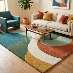 Premium Hand-Tufted Wool Area Rug, Bold Abstract Retro Geometric Color-Block Pattern, Contemporary Living Room Rug