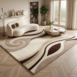 Brown Tufted Wool Rug, Modern Cream Swirl Area Rug, Luxury Chocolate Wave Carpet, Abstract Retro Living Room Rug, Large Custom Rectangle Rug