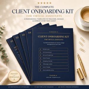 Peut inclure: Un kit d'intégration client bleu foncé pour assistants virtuels comprenant huit modèles professionnels. La couverture affiche le titre, une liste de documents de 01 à 08 et la marque FlowGuide AI. Inclut un sceau de téléchargement doré.