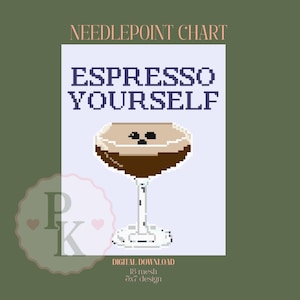 Op de afbeelding: Een digitaal kruissteekpatroon met de tekst "ESPRESSO YOURSELF" boven een gepixelde cocktail. De cocktail is bruin met een witte rand en een heldere steel. Het patroon is een digitale download, 18 mesh en 5x7 ontwerp.