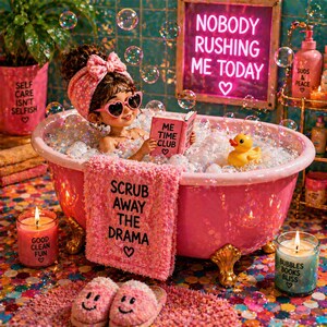 Peut inclure: Scène de bain rose avec une poupée lisant un livre dans un bain moussant. La poupée porte des lunettes de soleil en forme de cœur et un nœud. Une pancarte dit "NOBODY RUSHING ME TODAY". Autres éléments : un canard en caoutchouc, des bougies et une serviette avec "SCRUB AWAY THE DRAMA".