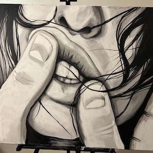 May include: Black and white painting of a person's face, focusing on the mouth and fingers. The fingers are near the lips, and the hair is flowing around the face. The artwork is displayed on a canvas.