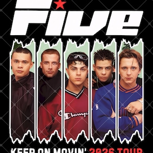 May include: A graphic print featuring the word Five in large white letters with a red star above it. Below, five individual portrait panels show five different people. The bottom text reads KEEP ON MOVIN' 2026 TOUR in white and red letters.